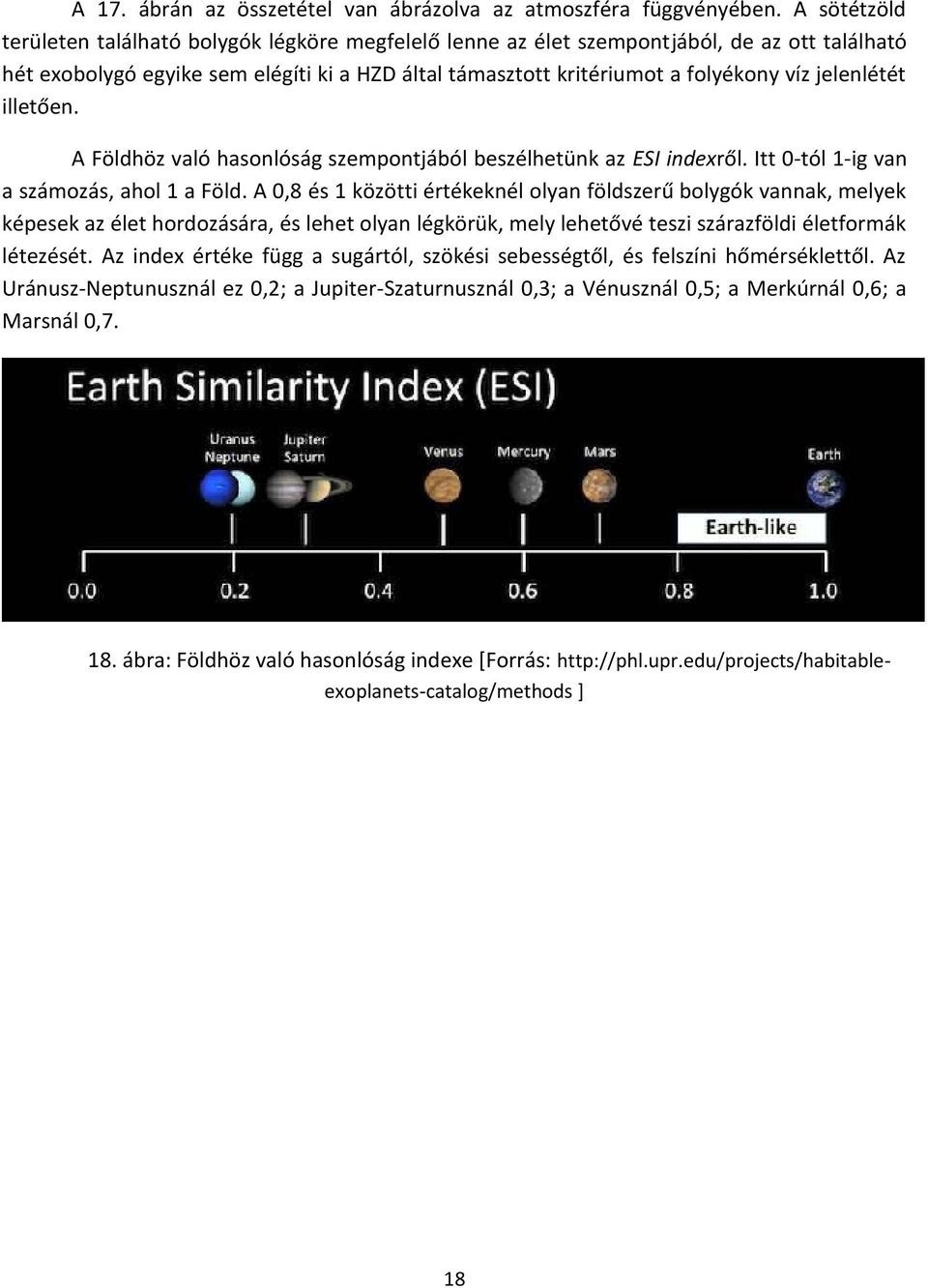 jelenlétét illetően. A Földhöz való hasonlóság szempontjából beszélhetünk az ESI indexről. Itt 0-tól 1-ig van a számozás, ahol 1 a Föld.