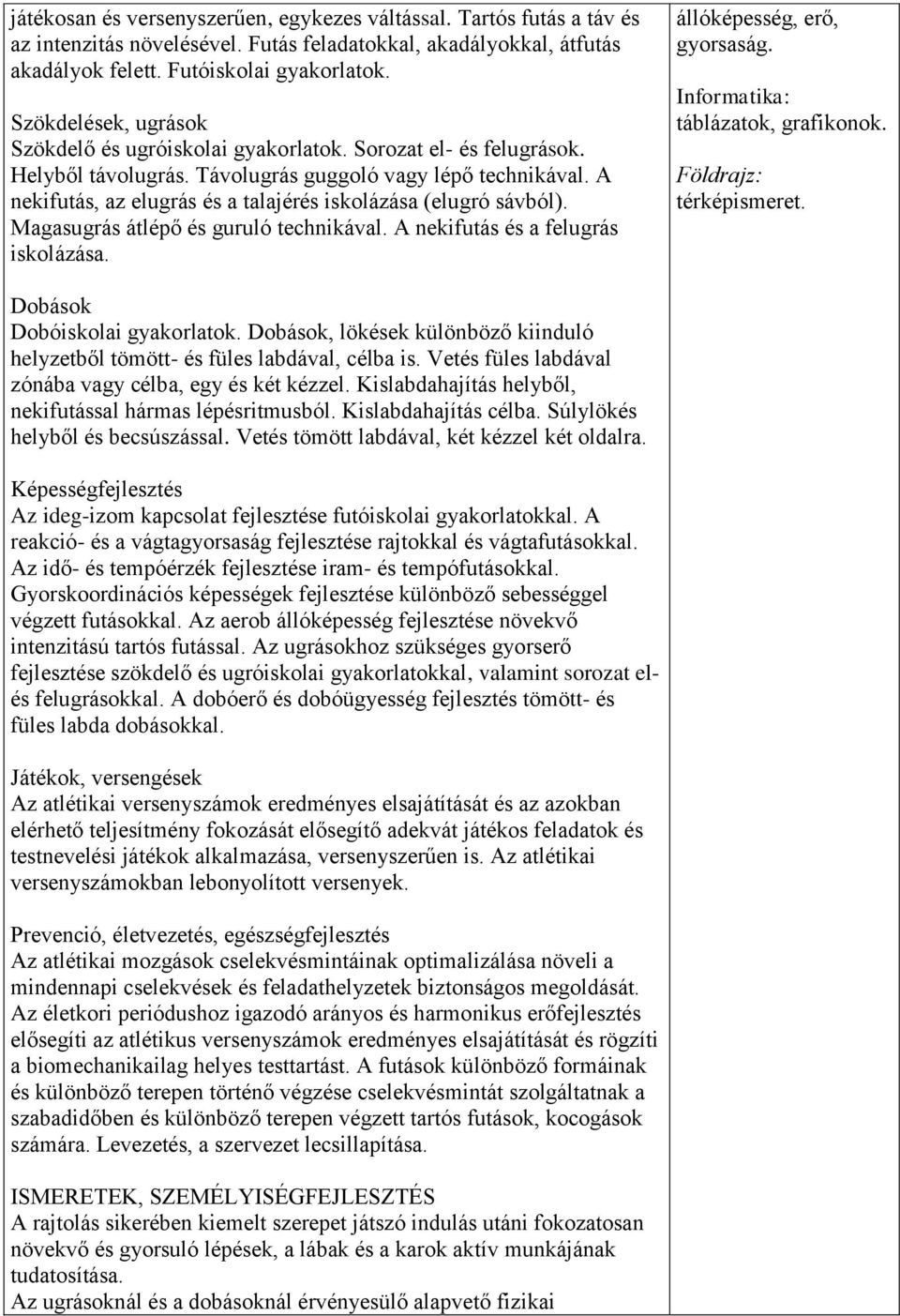 A nekifutás, az elugrás és a talajérés iskolázása (elugró sávból). Magasugrás átlépő és guruló technikával. A nekifutás és a felugrás iskolázása. állóképesség, erő, gyorsaság.