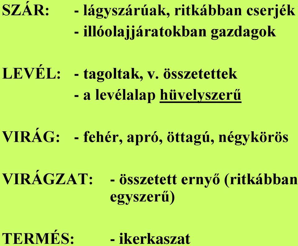 összetettek - a levélalap hüvelyszerű - fehér, apró,
