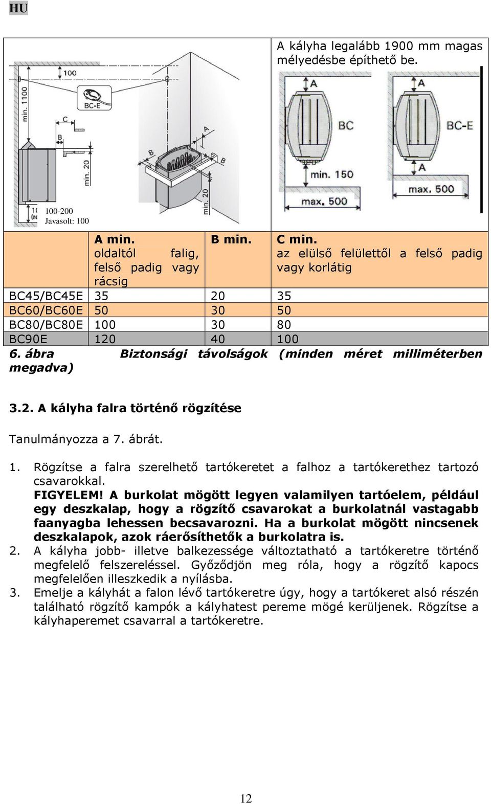 ábra Biztonsági távolságok (minden méret milliméterben megadva) 3.2. A kályha falra történő rögzítése Tanulmányozza a 7. ábrát. 1.