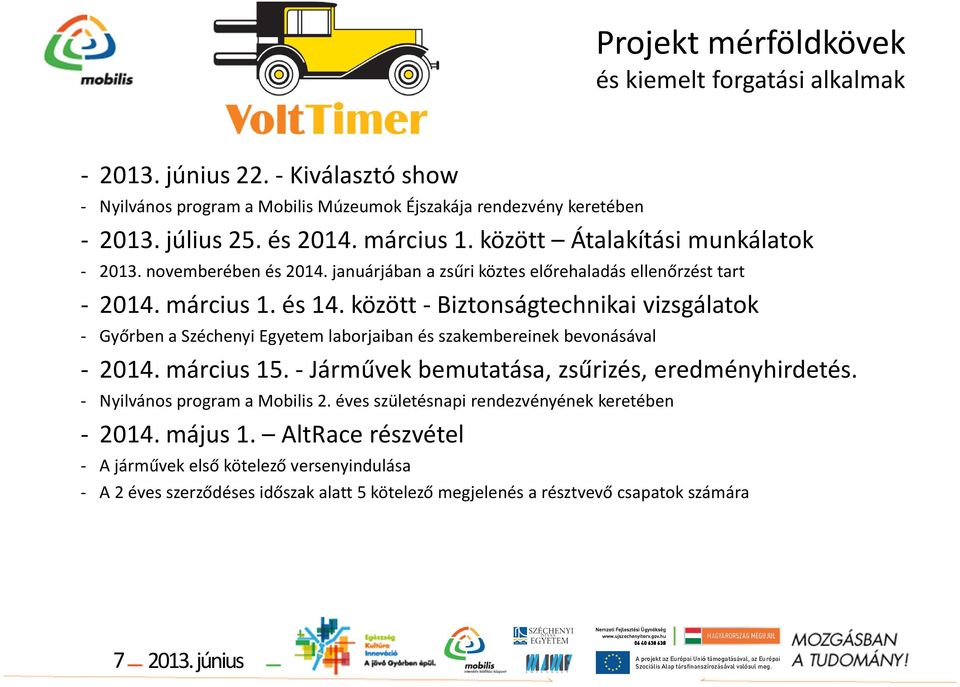 között Biztonságtechnikai vizsgálatok Győrben a Széchenyi Egyetem laborjaiban és szakembereinek bevonásával 2014. március 15. Járművek bemutatása, zsűrizés, eredményhirdetés.