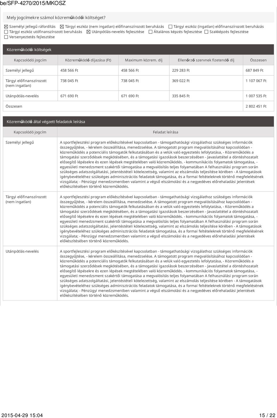 fejlesztése Általános képzés fejlesztése Szakképzés fejlesztése Versenyeztetés fejlesztése Közreműködői költségek Kapcsolódó jogcím Közreműködő díjazása (Ft) Maximum közrem.