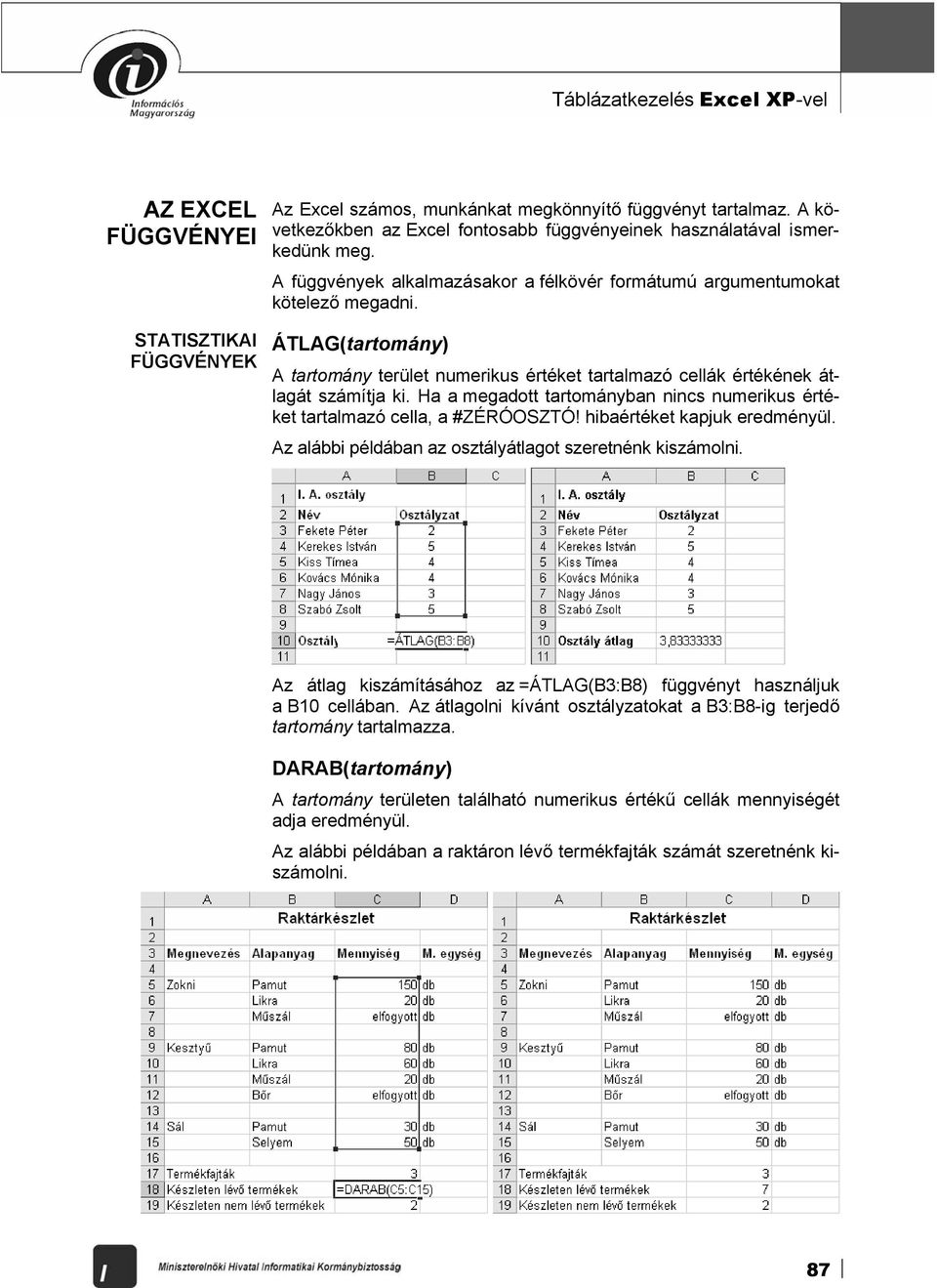 ÁTLAG(tartomány) A tartomány terület numerikus értéket tartalmazó cellák értékének átlagát számítja ki. Ha a megadott tartományban nincs numerikus értéket tartalmazó cella, a #ZÉRÓOSZTÓ!