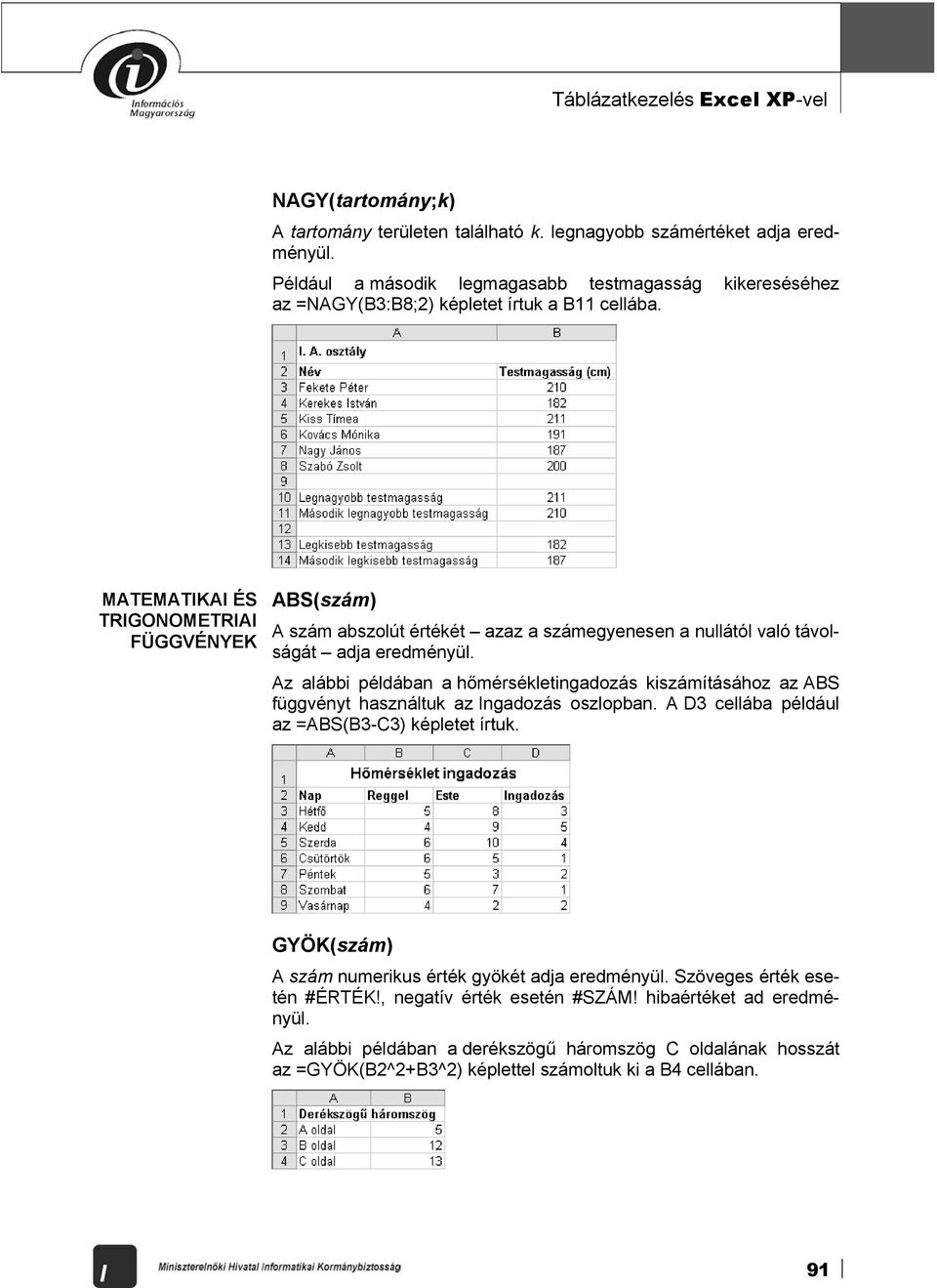 MATEMATIKAI ÉS TRIGONOMETRIAI FÜGGVÉNYEK ABS(szám) A szám abszolút értékét azaz a számegyenesen a nullától való távolságát adja eredményül.