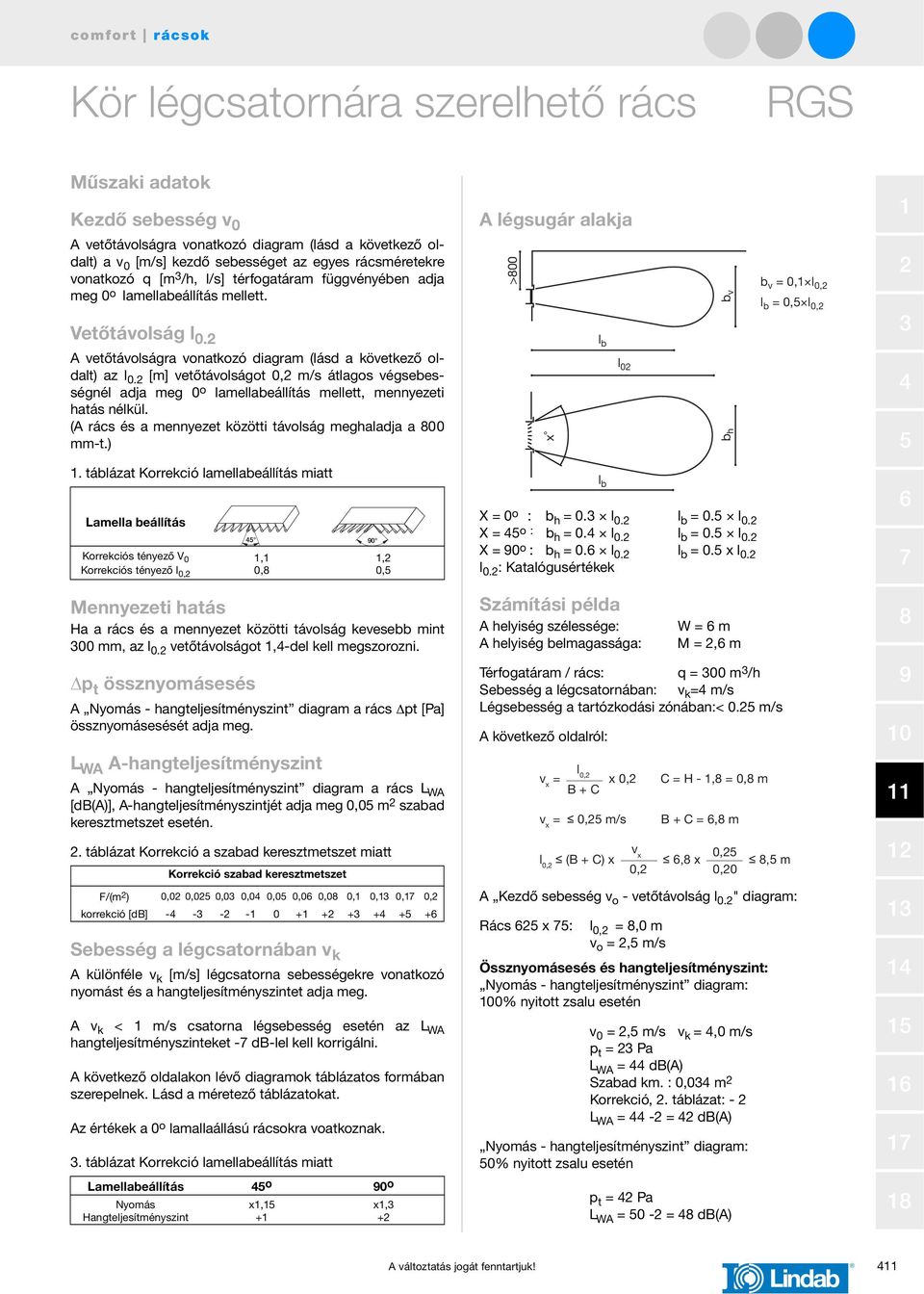 [m] vetőtávolságot 0, m/s átlagos végsebességnél adja meg 0 o lamellabeállítás mellett, mennyezeti hatás nélkül. (A rács és a mennyezet közötti távolság meghaladja a 00 mm-t.