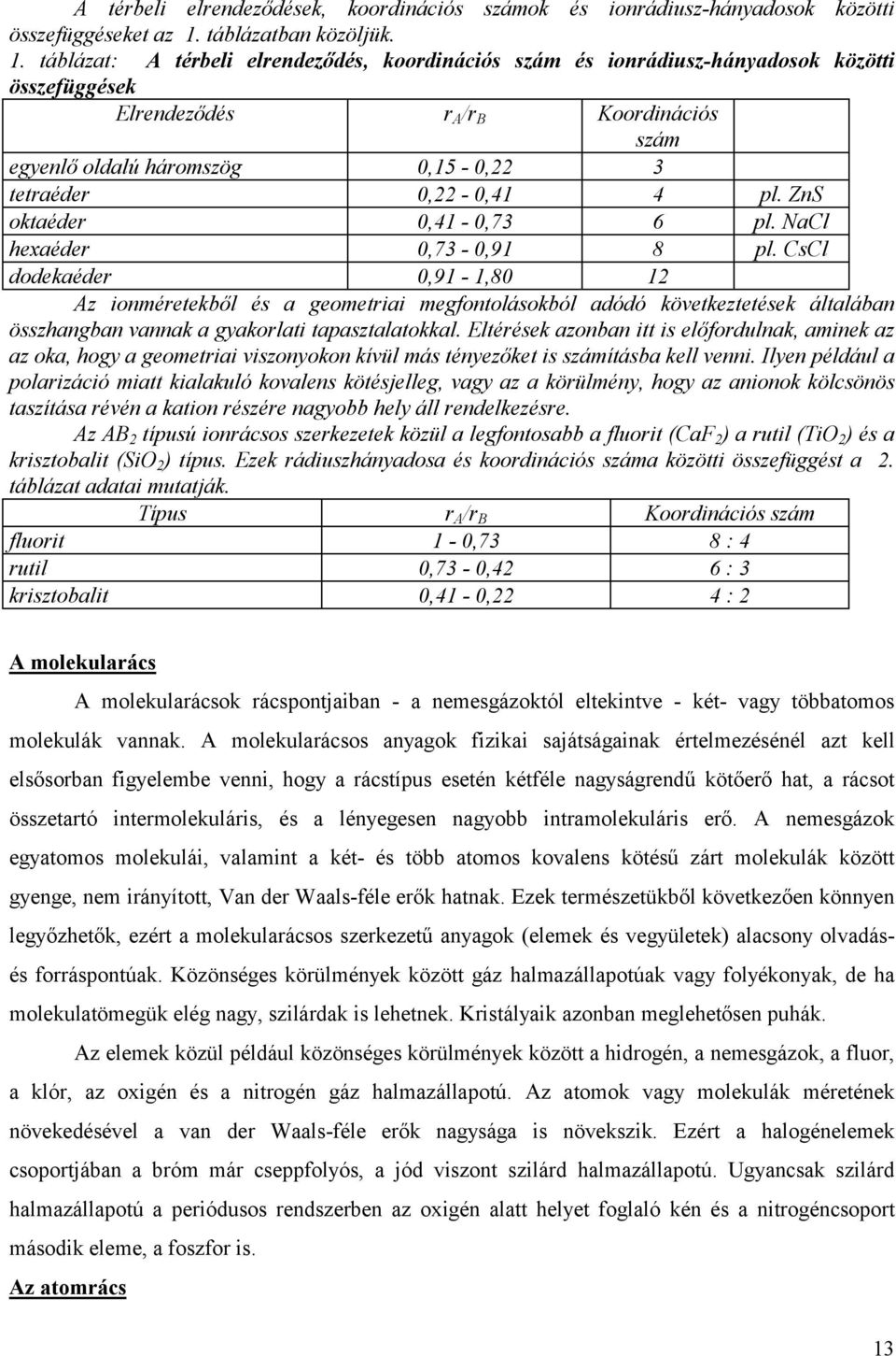 táblázat: A térbeli elrendeződés, koordinációs szám és ionrádiusz-hányadosok közötti összefüggések Elrendeződés r A /r B Koordinációs szám egyenlő oldalú háromszög 0,15-0,22 3 tetraéder 0,22-0,41 4