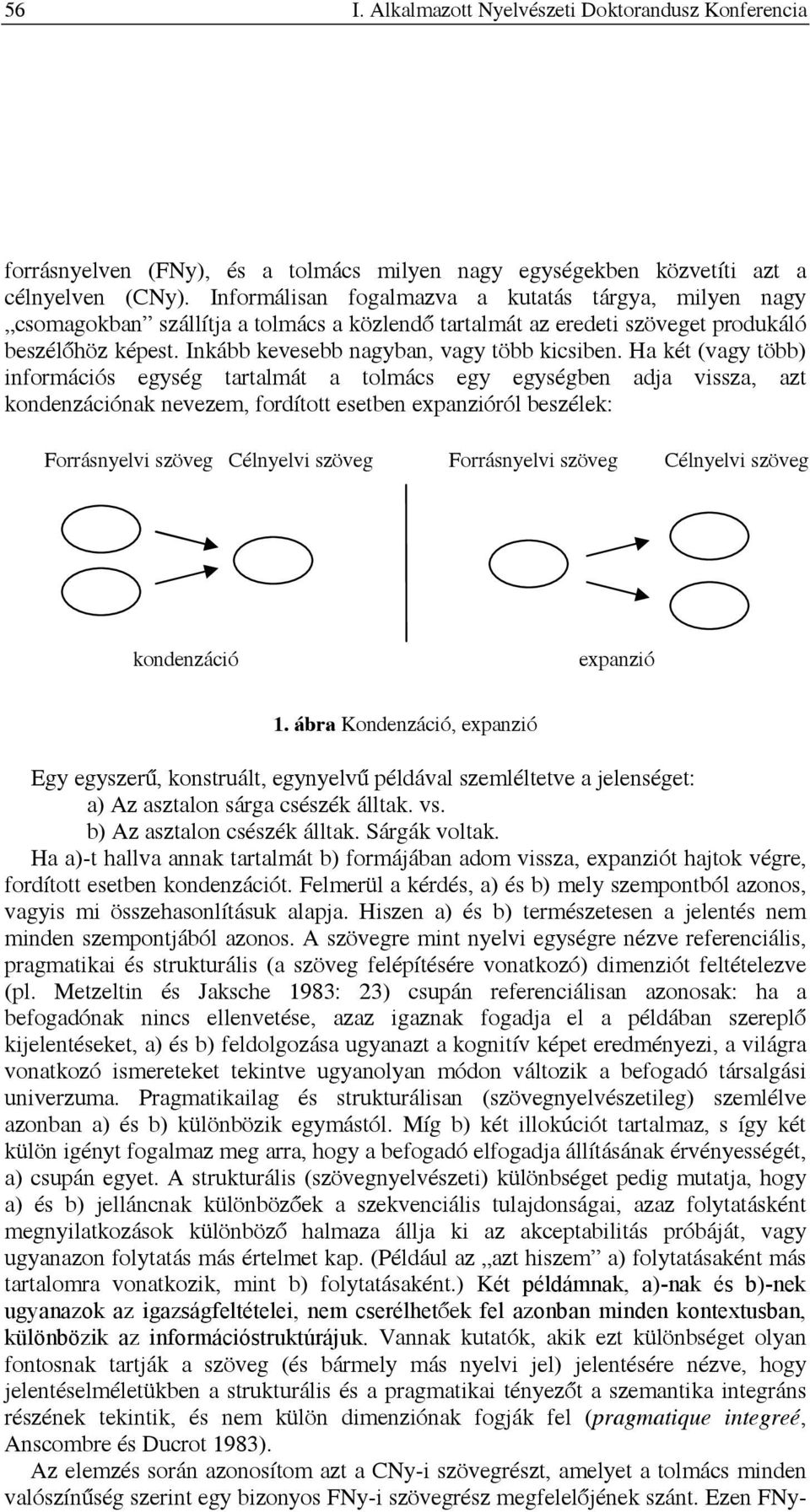 Ha két (vagy több) információs egység tartalmát a tolmács egy egységben adja vissza, azt kondenzációnak nevezem, fordított esetben expanzióról beszélek: Forrásnyelvi szöveg Célnyelvi szöveg