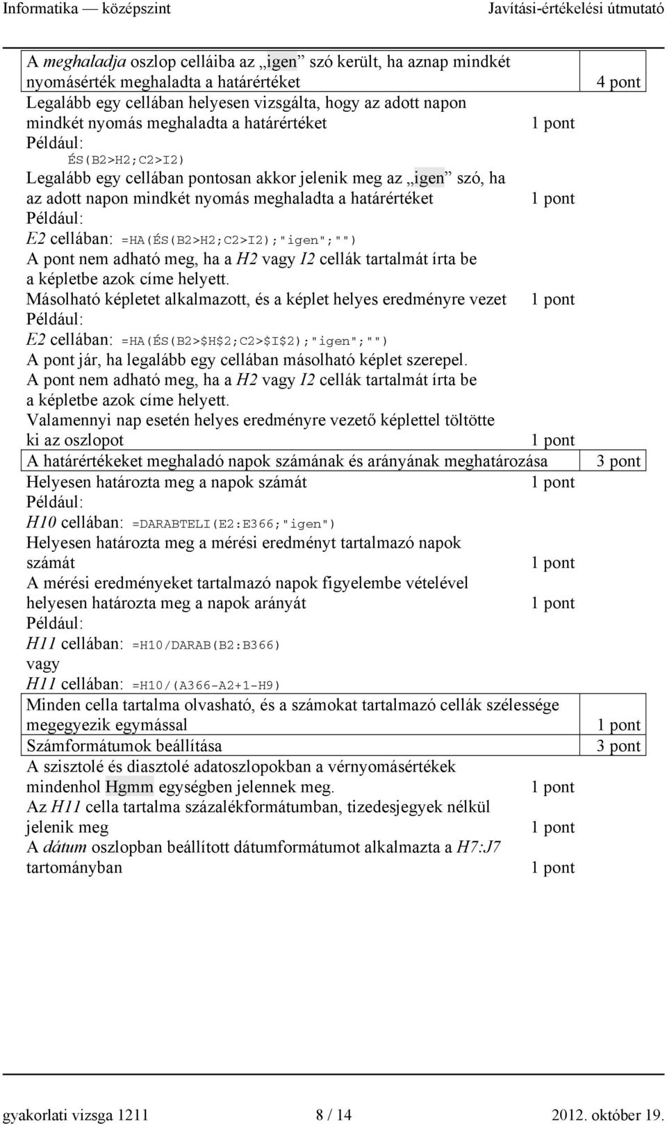 pont nem adható meg, ha a H2 vagy I2 cellák tartalmát írta be a képletbe azok címe helyett.