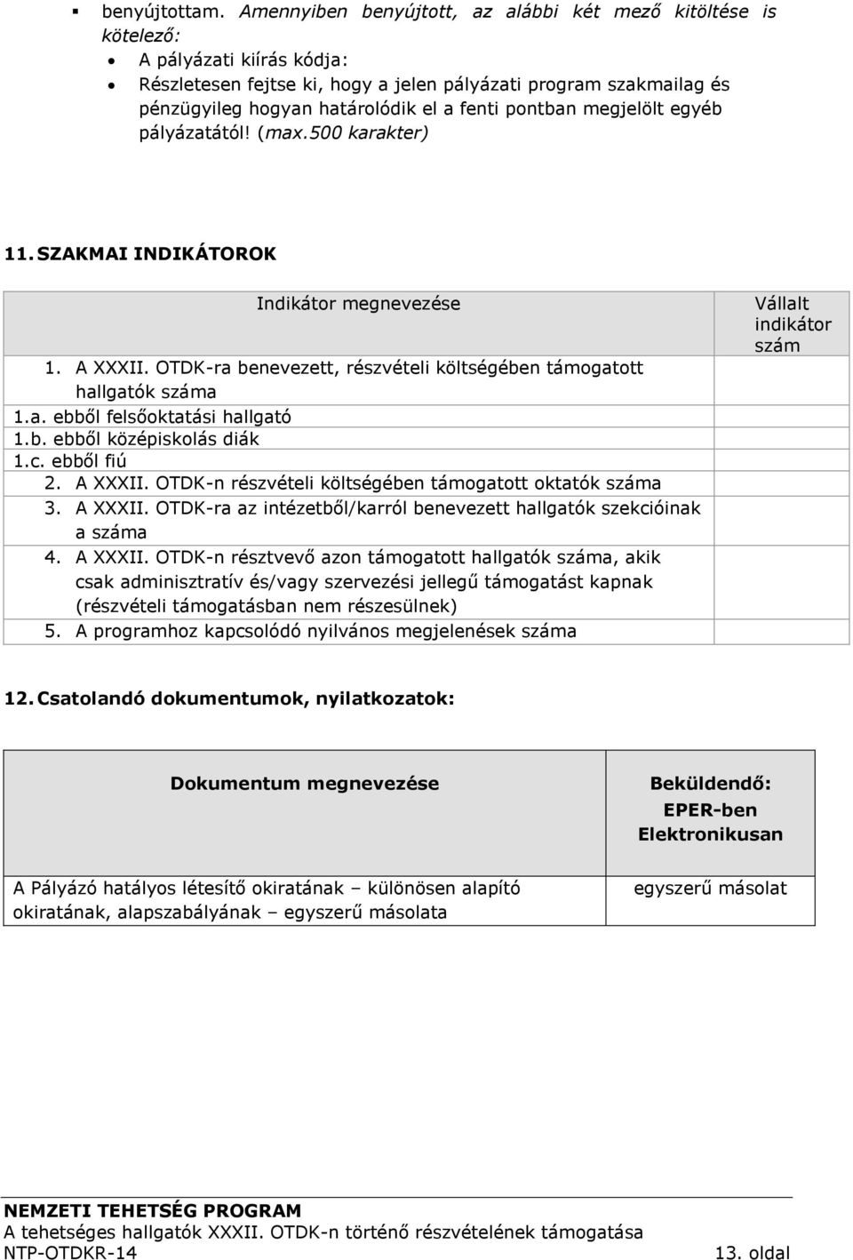 fenti pontban megjelölt egyéb pályázatától! (max.500 karakter) 11. SZAKMAI INDIKÁTOROK Indikátor megnevezése 1. A XXXII. OTDK-ra benevezett, részvételi költségében támogatott hallgatók száma 1.a. ebből felsőoktatási hallgató 1.