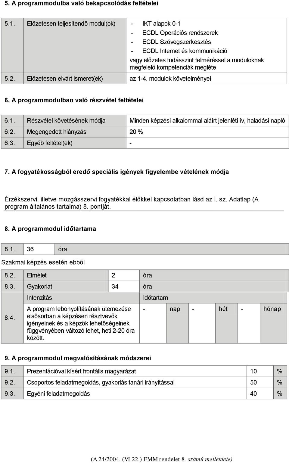 kompetenciák megléte 5.2. Előzetesen elvárt ismeret(ek) az 1-4. modulok követelményei 6. A programmodulban való részvétel feltételei 6.1. Részvétel követésének módja Minden képzési alkalommal aláírt jelenléti ív, haladási napló 6.