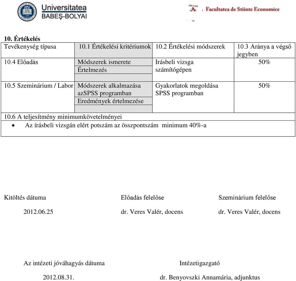 5 Szeminárium / Labor Módszerek alkalmazása azspss programban Eredmények értelmezése Gyakorlatok megoldása SPSS programban 50% 10.