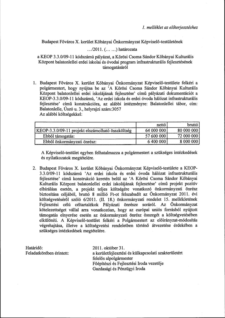 kerület Kőbányai Önkormányzat Képviselő-testülete felkéri a polgármestert, hogy nyújtsa be az 'A Körösi Csoma Sándor Kőbányai Kulturális Központ balatonlellei erdei iskolájának fejlesztése' című
