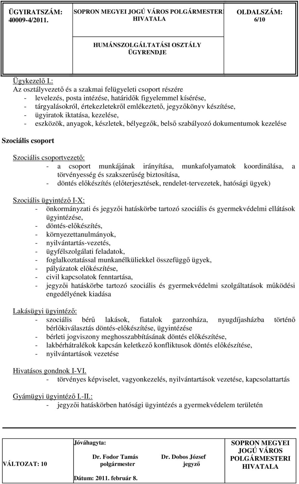 iktatása, kezelése, - eszközök, anyagok, készletek, bélyegzık, belsı szabályozó dokumentumok kezelése Szociális csoport Szociális csoportvezetı: - a csoport munkájának irányítása, munkafolyamatok