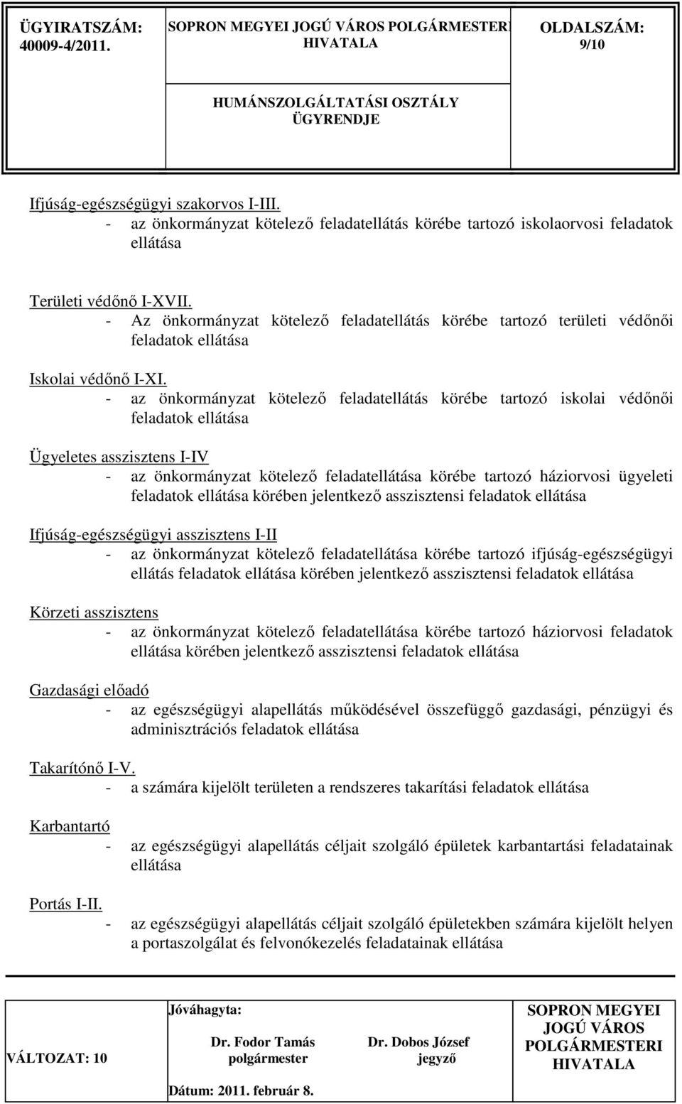 - az önkormányzat kötelezı feladatellátás körébe tartozó iskolai védınıi feladatok ellátása Ügyeletes asszisztens I-IV - az önkormányzat kötelezı feladatellátása körébe tartozó háziorvosi ügyeleti