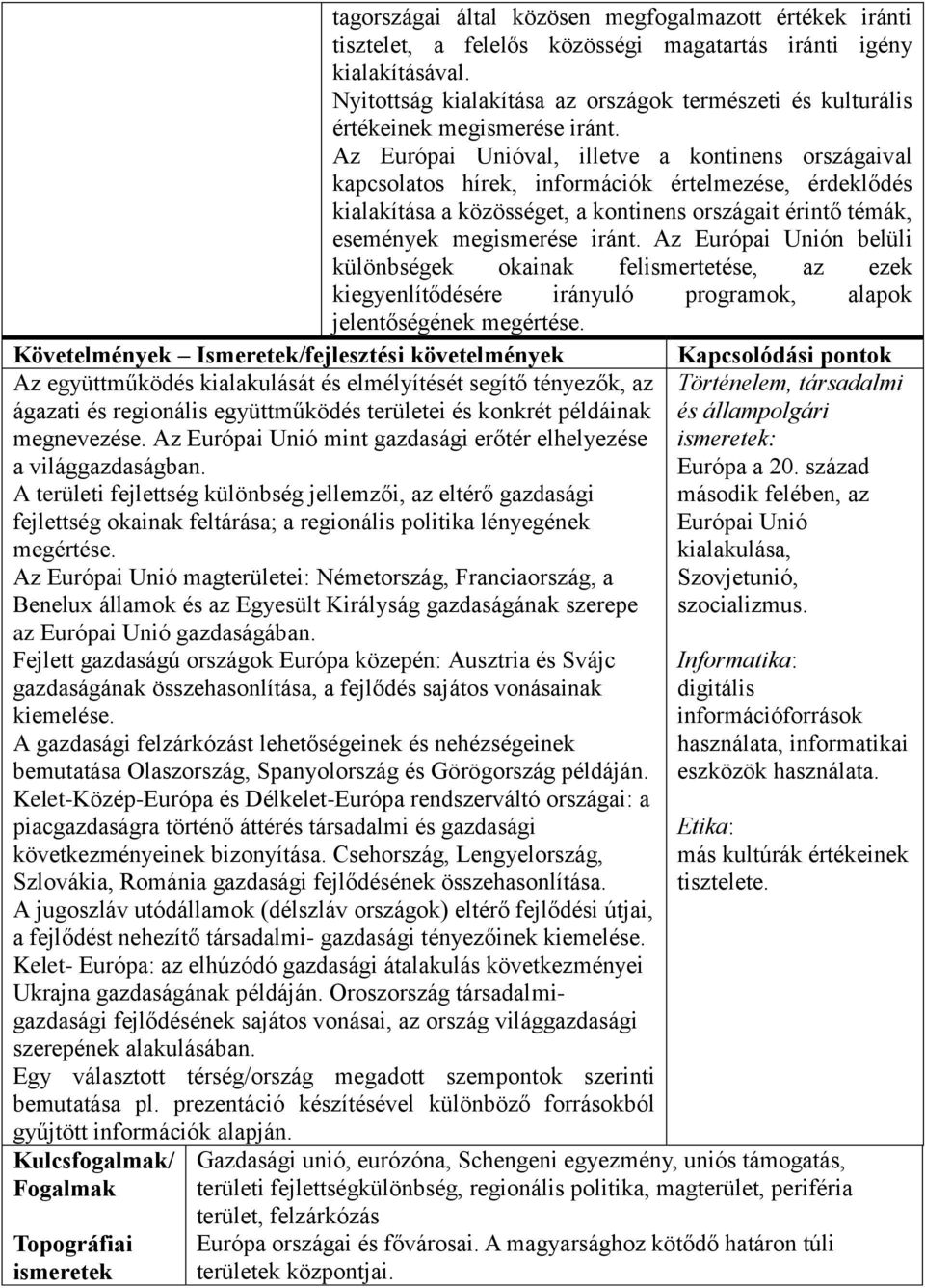 Az Európai Unióval, illetve a kontinens országaival kapcsolatos hírek, információk értelmezése, érdeklődés kialakítása a közösséget, a kontinens országait érintő témák, események megismerése iránt.