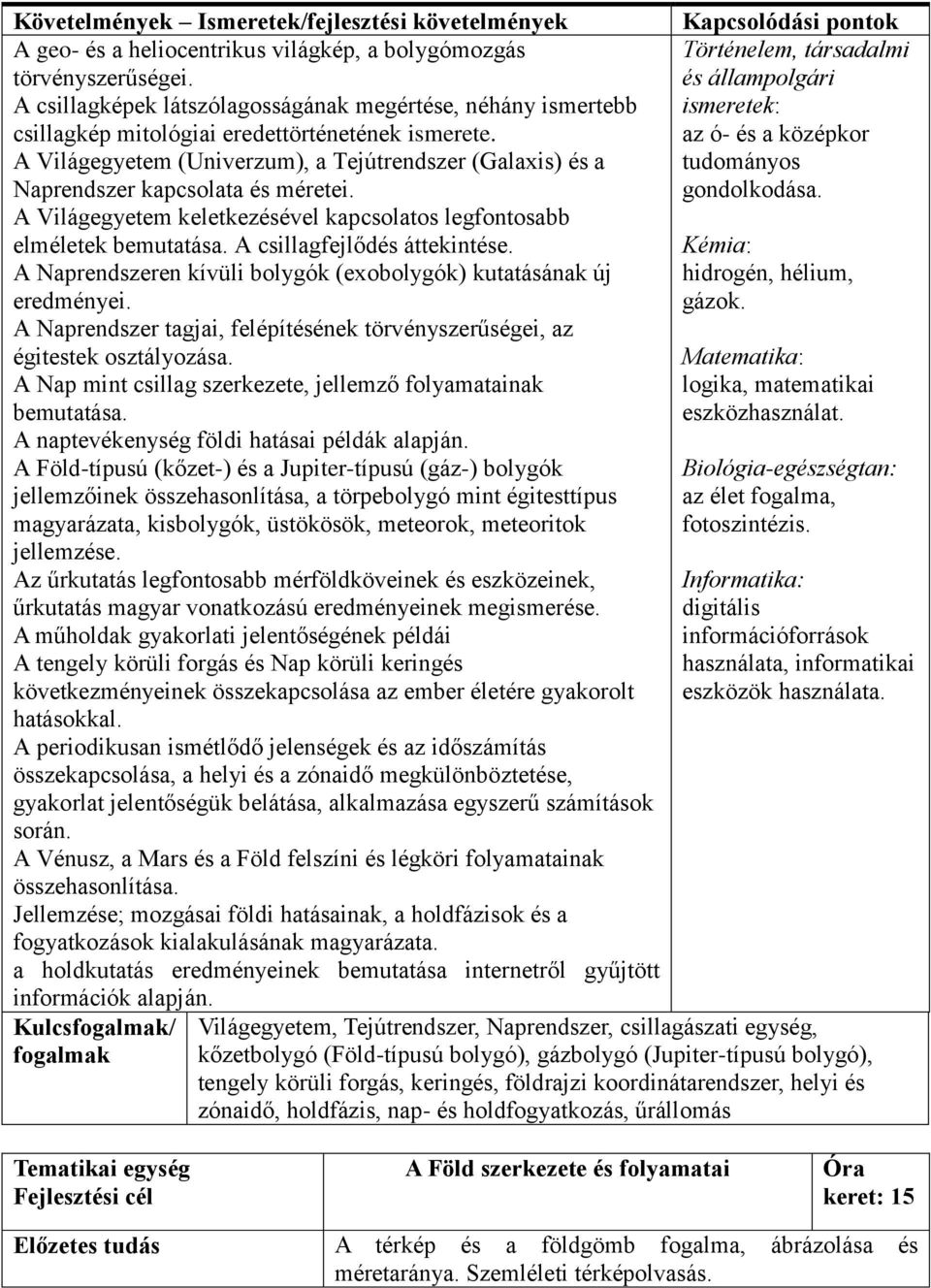 A Világegyetem (Univerzum), a Tejútrendszer (Galaxis) és a Naprendszer kapcsolata és méretei. A Világegyetem keletkezésével kapcsolatos legfontosabb elméletek bemutatása.