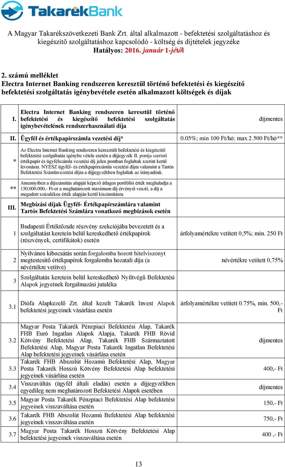 Ügyfél és értékpapírszámla vezetési díj* 0.05%; min 100 Ft/hó; max 2.500 Ft/hó** * ** III.