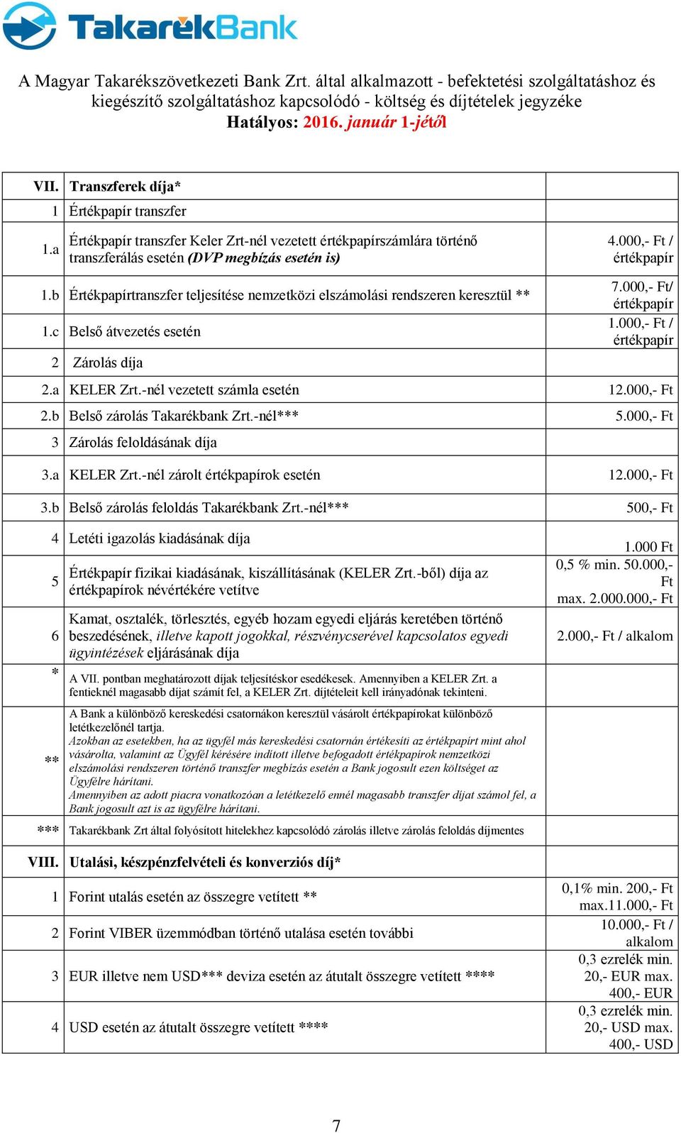 -nél vezetett számla esetén 12.000,- Ft 2.b Belső zárolás Takarékbank Zrt.-nél*** 5.000,- Ft 3 Zárolás feloldásának díja 3.a KELER Zrt.-nél zárolt értékpapírok esetén 12.000,- Ft 3.b Belső zárolás feloldás Takarékbank Zrt.