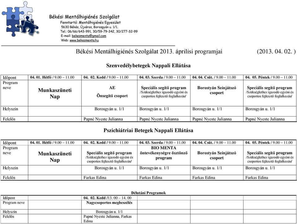 02. Kedd /13. 00 14. 00 Nagyos megbeszélés Helyszín Borosgyán u. 1/1 Papné Nyeste Julianna, Farkas Edina