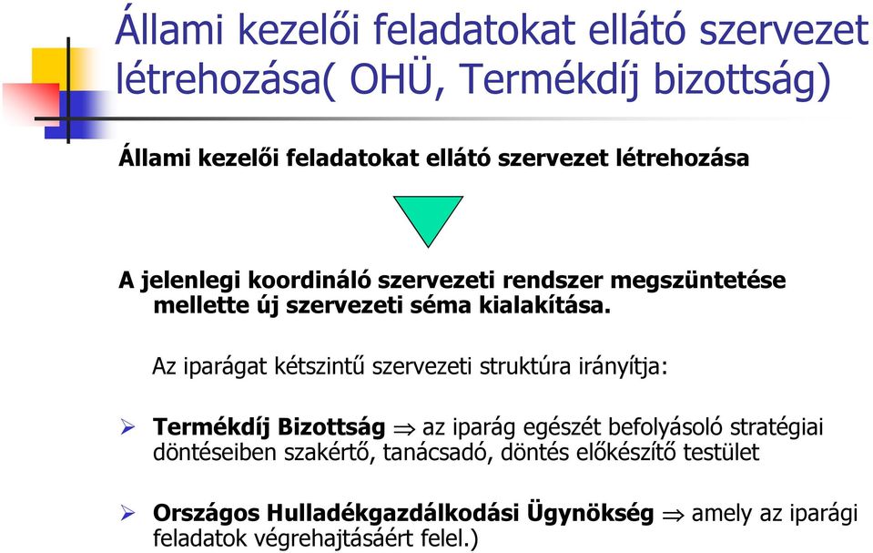 Az iparágat kétszintű szervezeti struktúra irányítja: Termékdíj Bizottság az iparág egészét befolyásoló stratégiai