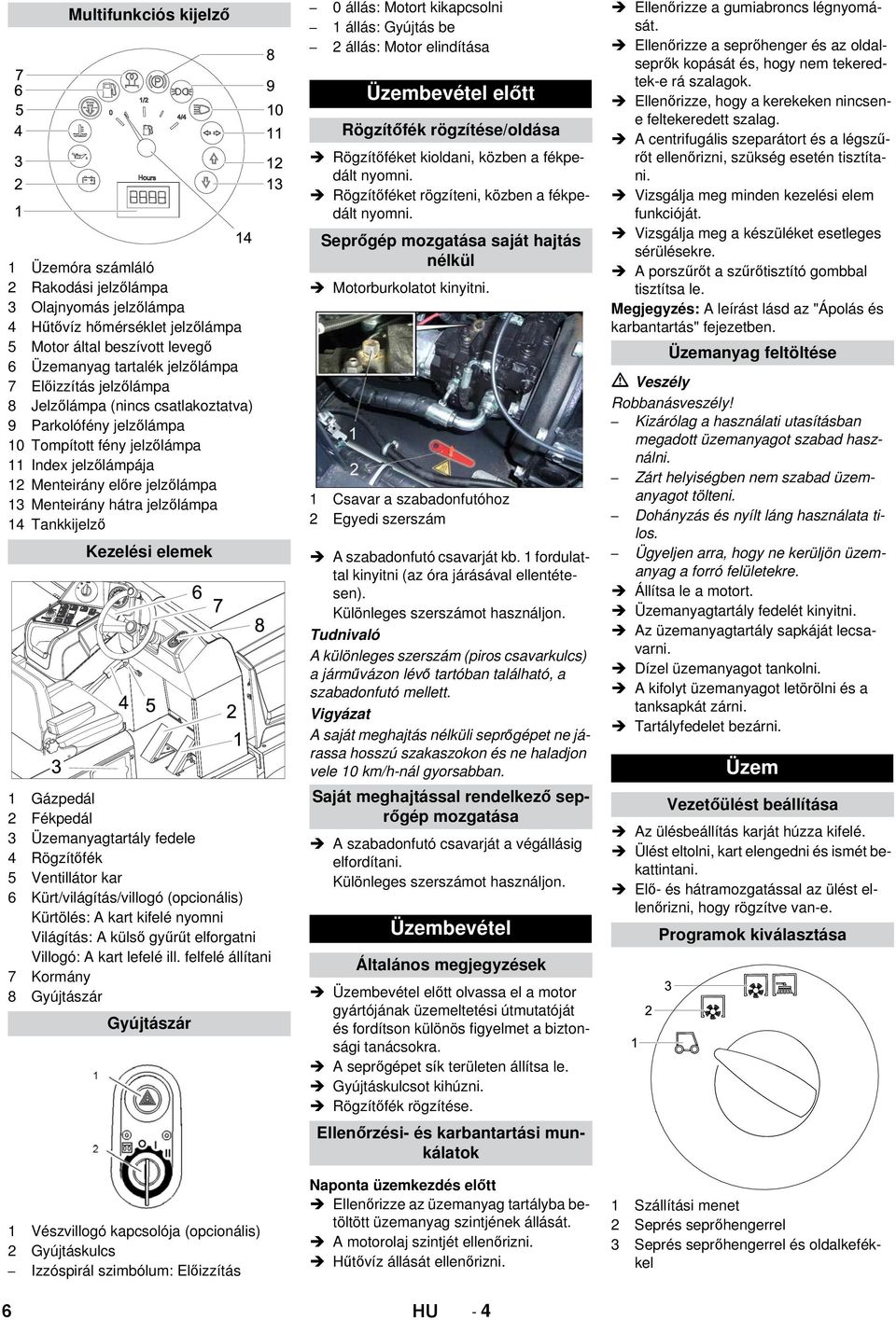 Kezelési elemek 1 Gázpedál 2 Fékpedál 3 Üzemanyagtartály fedele 4 Rögzítőfék 5 Ventillátor kar 6 Kürt/világítás/villogó (opcionális) Kürtölés: A kart kifelé nyomni Világítás: A külső gyűrűt