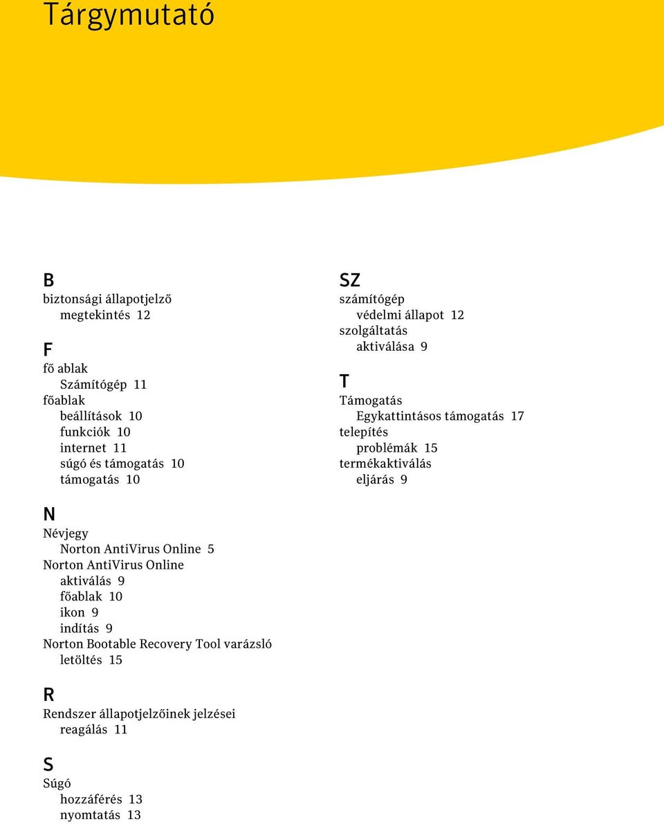 problémák 15 termékaktiválás eljárás 9 N Névjegy Norton AntiVirus Online 5 Norton AntiVirus Online aktiválás 9 főablak 10 ikon 9