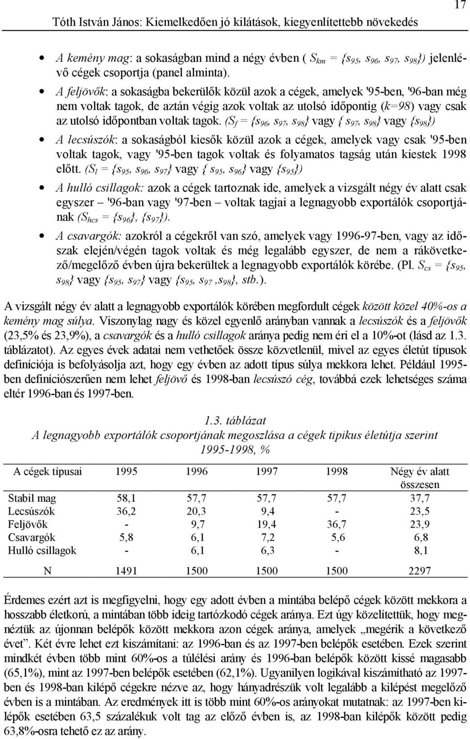 (S f = {s 96, s 97, s 98 } vagy { s 97, s 98 } vagy {s 98 }) A lecsúszók: a sokaságból kiesők közül azok a cégek, amelyek vagy csak '95-ben voltak tagok, vagy '95-ben tagok voltak és folyamatos