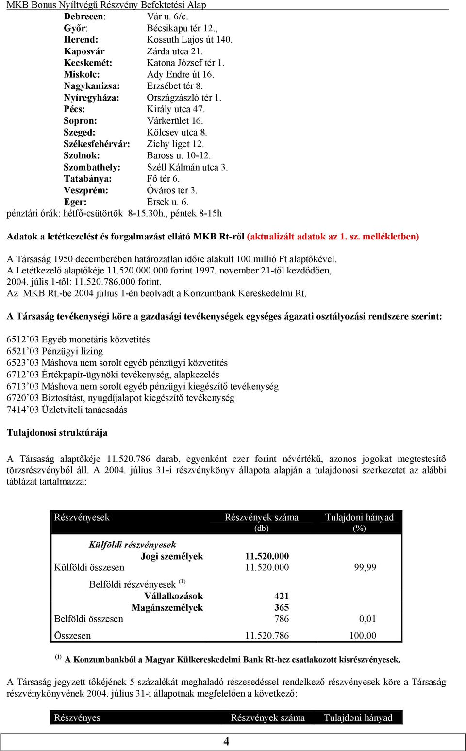 Tatabánya: Fő tér 6. Veszprém: Óváros tér 3. Eger: Érsek u. 6. pénztári órák: hétfő-csütörtök 8-15.30h., péntek 8-15h Adatok a letétkezelést és forgalmazást ellátó MKB Rt-ről (aktualizált adatok az 1.