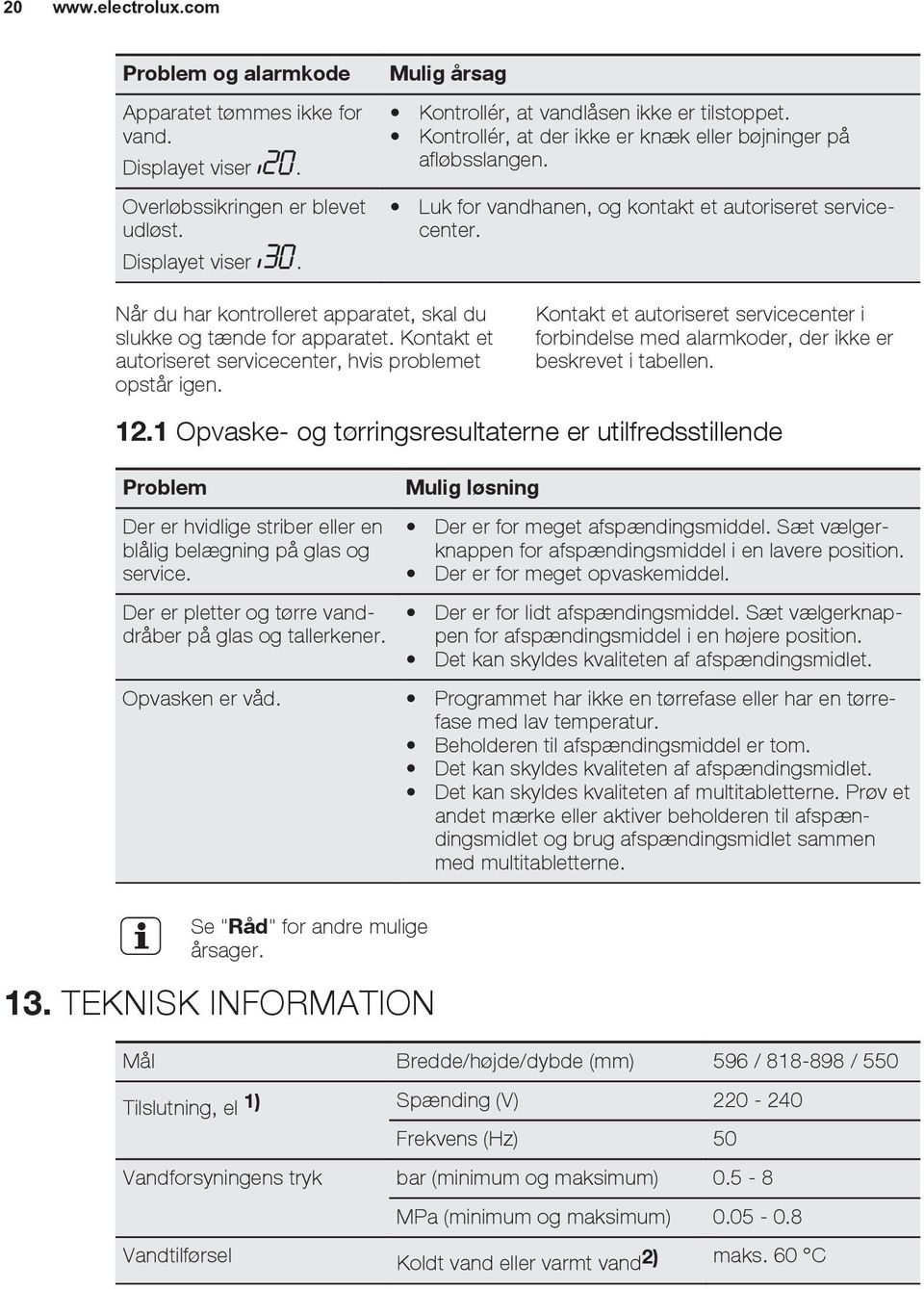 Kontakt et autoriseret servicecenter, hvis problemet opstår igen. Kontakt et autoriseret servicecenter i forbindelse med alarmkoder, der ikke er beskrevet i tabellen. 12.