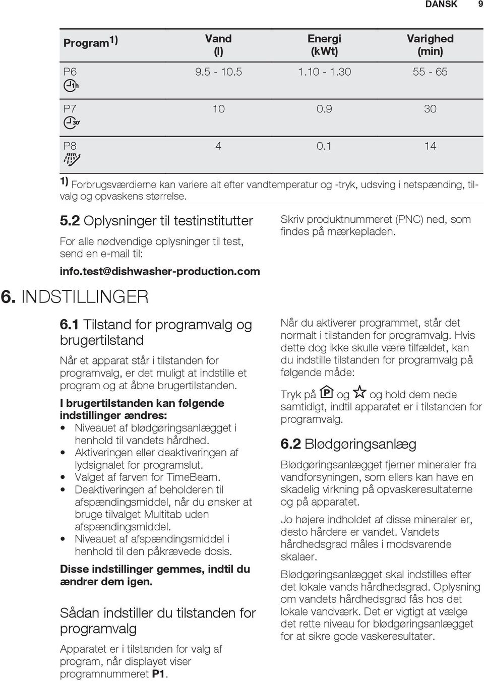 2 Oplysninger til testinstitutter For alle nødvendige oplysninger til test, send en e-mail til: info.test@dishwasher-production.com 6. INDSTILLINGER 6.