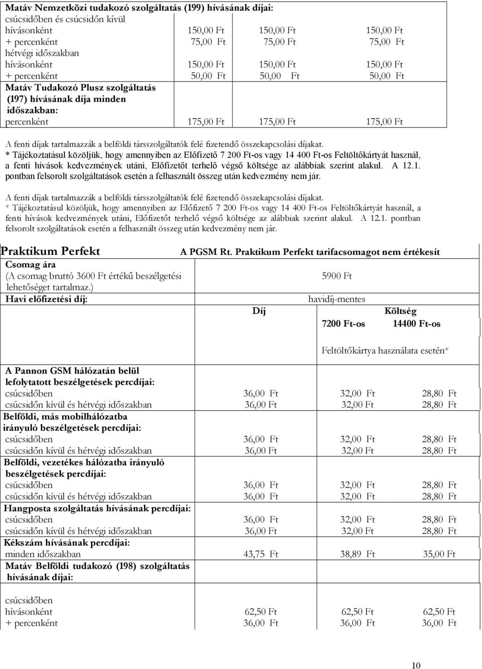 * Tájékoztatásul közöljük, hogy amennyiben az Előfizető 7 200 Ft-os vagy 14 400 Ft-os Feltöltőkártyát használ, a fenti hívások kedvezmények utáni, Előfizetőt terhelő végső költsége az alábbiak