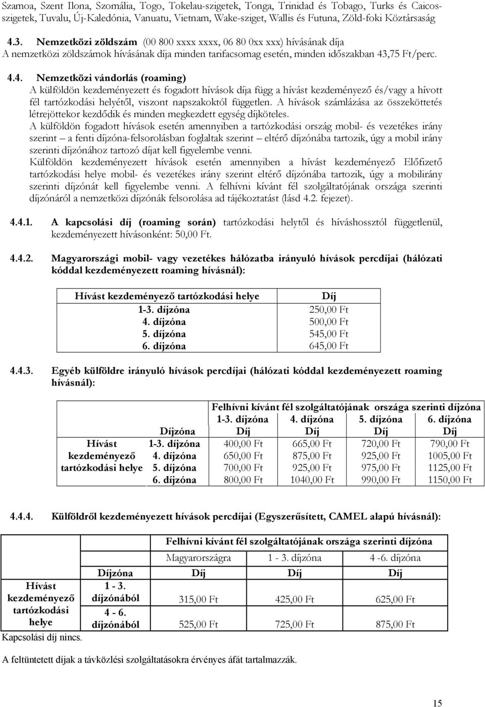 A hívások számlázása az összeköttetés létrejöttekor kezdődik és minden megkezdett egység díjköteles.