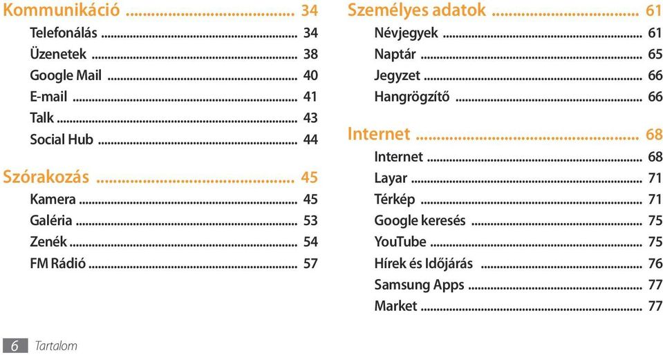 .. 61 Névjegyek... 61 Naptár... 65 Jegyzet... 66 Hangrögzítő... 66 Internet... 68 Internet... 68 Layar.