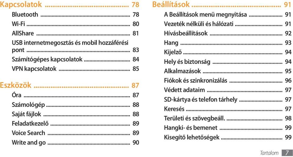 .. 91 A Beállítások menü megnyitása... 91 Vezeték nélküli és hálózati... 91 Hívásbeállítások... 92 Hang... 93 Kijelző... 94 Hely és biztonság... 94 Alkalmazások.