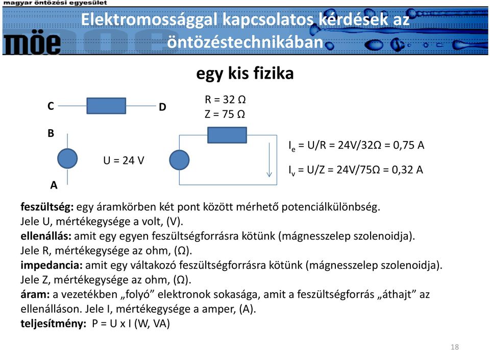 ellenállás: amit egy egyen feszültségforrásra kötünk (mágnesszelep szolenoidja). Jele R, mértékegysége az ohm, (Ω).