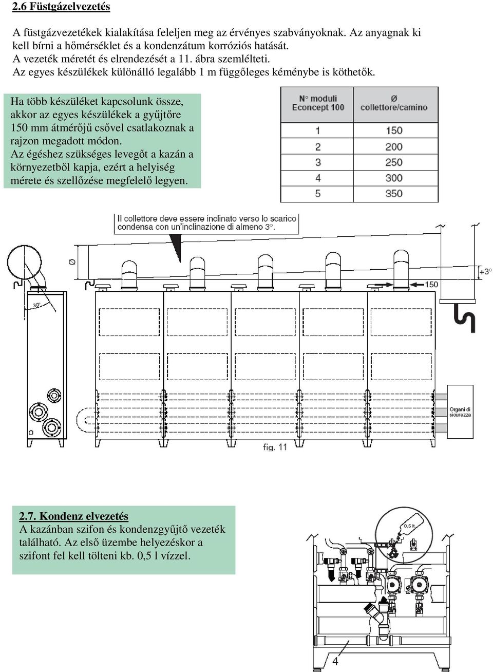 Ha több készüléket kapcsolunk össze, akkor az egyes készülékek a gyűjtőre 150 mm átmérőjű csővel csatlakoznak a rajzon megadott módon.