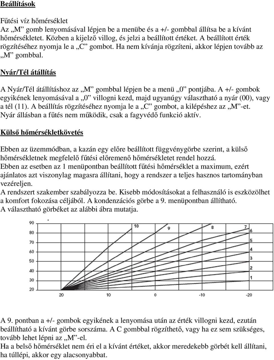 A +/- gombok egyikének lenyomásával a 0 villogni kezd, majd ugyanúgy választható a nyár (00), vagy a tél (11). A beállítás rögzítéséhez nyomja le a C gombot, a kilépéshez az M -et.