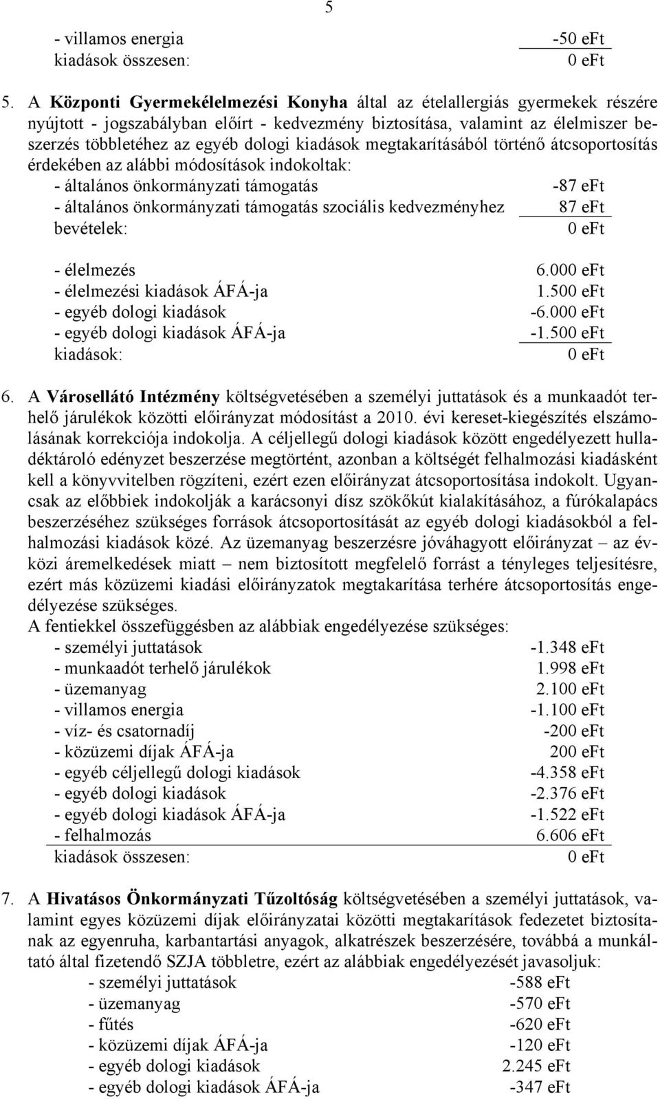kiadások megtakarításából történő átcsoportosítás érdekében az alábbi módosítások indokoltak: - általános önkormányzati támogatás -87 eft - általános önkormányzati támogatás szociális kedvezményhez