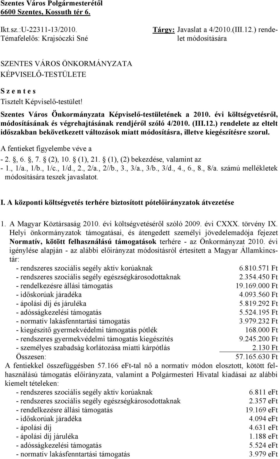 Szentes Város Önkormányzata Képviselő-testületének a költségvetésről, módosításának és végrehajtásának rendjéről szóló 4/2010. (III.12.