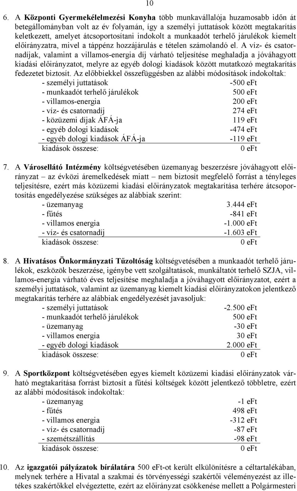 A víz- és csatornadíjak, valamint a villamos-energia díj várható teljesítése meghaladja a jóváhagyott kiadási előirányzatot, melyre az egyéb dologi kiadások között mutatkozó megtakarítás fedezetet