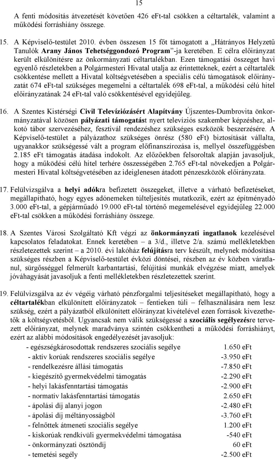 Ezen támogatási összeget havi egyenlő részletekben a Polgármesteri Hivatal utalja az érintetteknek, ezért a céltartalék csökkentése mellett a Hivatal költségvetésében a speciális célú támogatások