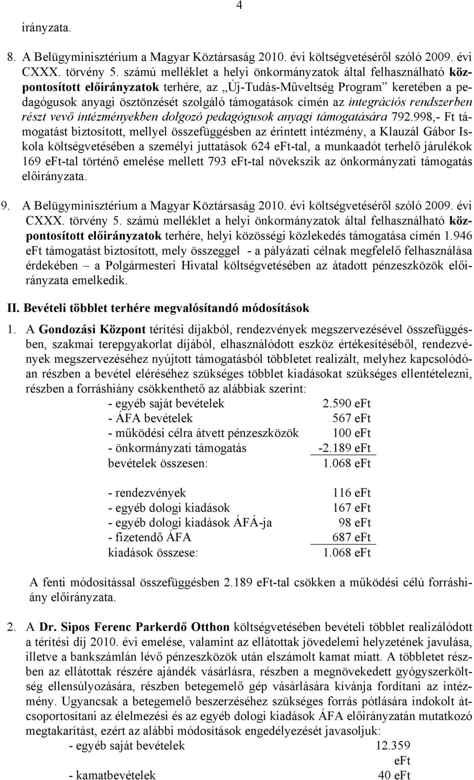 az integrációs rendszerben részt vevő intézményekben dolgozó pedagógusok anyagi támogatására 792.