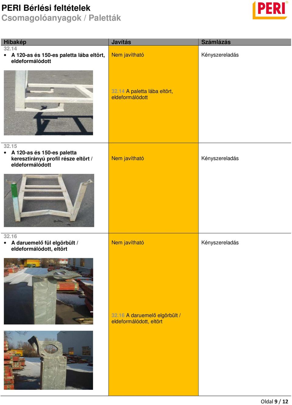 15 A 120-as és 150-es paletta keresztirányú profil része eltört /