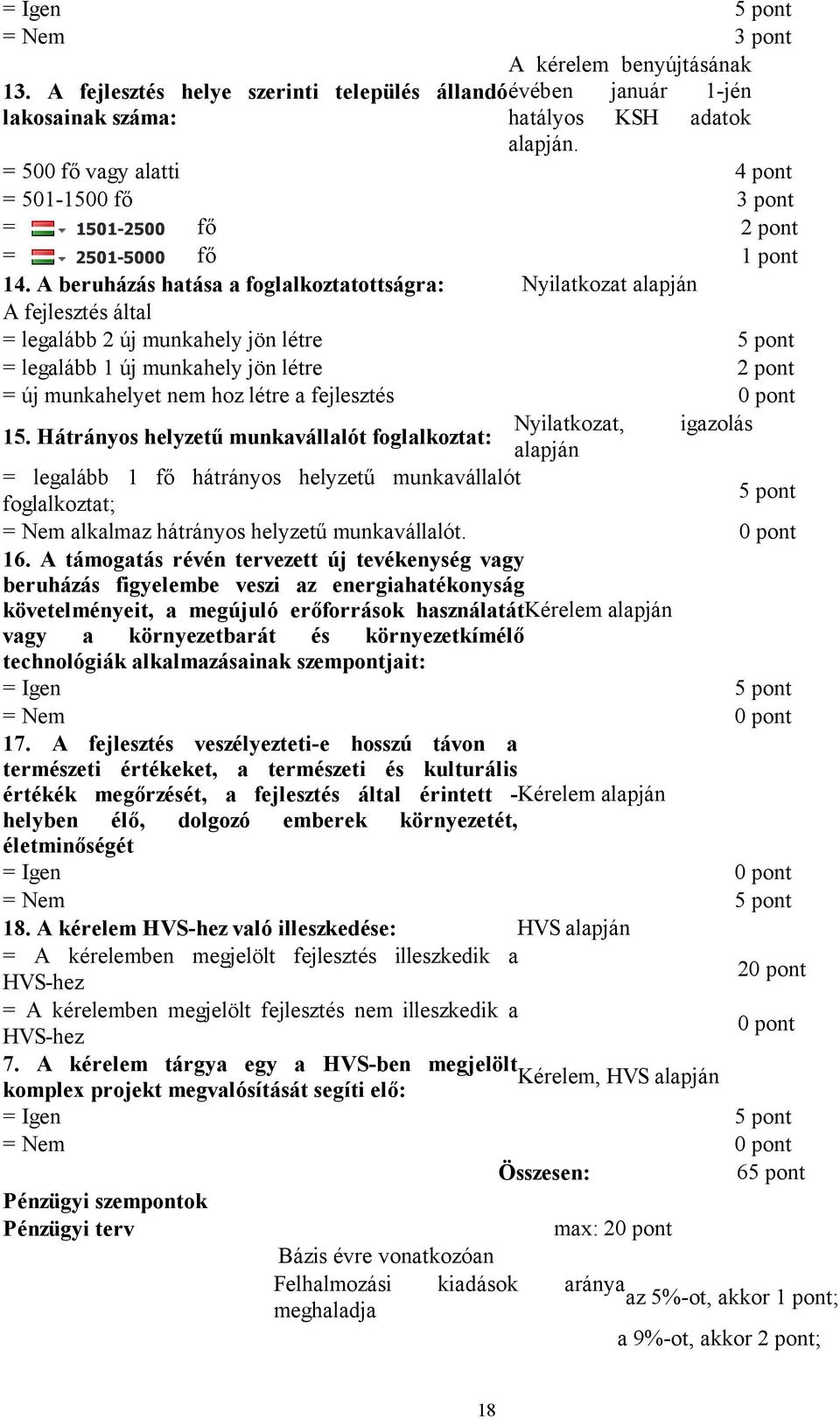 A beruházás hatása a foglalkoztatottságra: Nyilatkozat alapján A fejlesztés által = legalább 2 új munkahely jön létre = legalább 1 új munkahely jön létre 2 pont = új munkahelyet nem hoz létre a