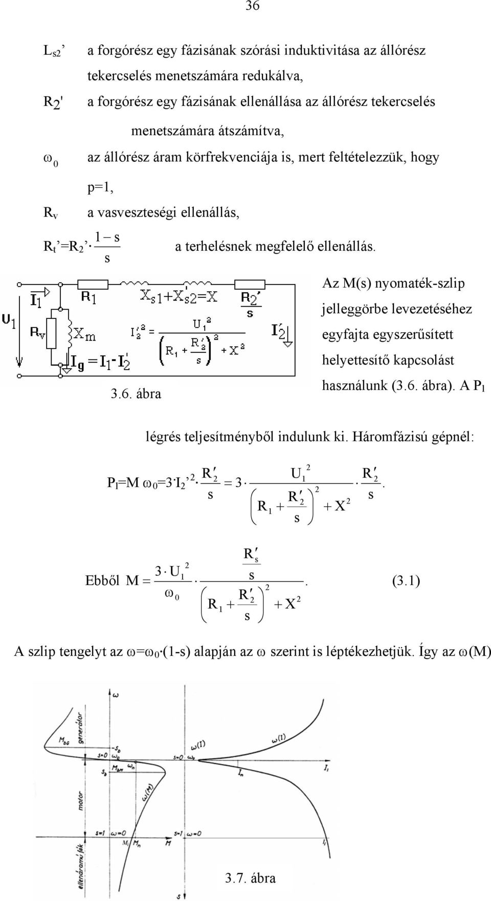 Az M() nyomaték-zlip jelleggörbe levezetééhez egyfajta egyzerűített helyetteítő kapcolát 3.6. ábra haználunk (3.6. ábra). A P l légré teljeítményből indulunk ki.