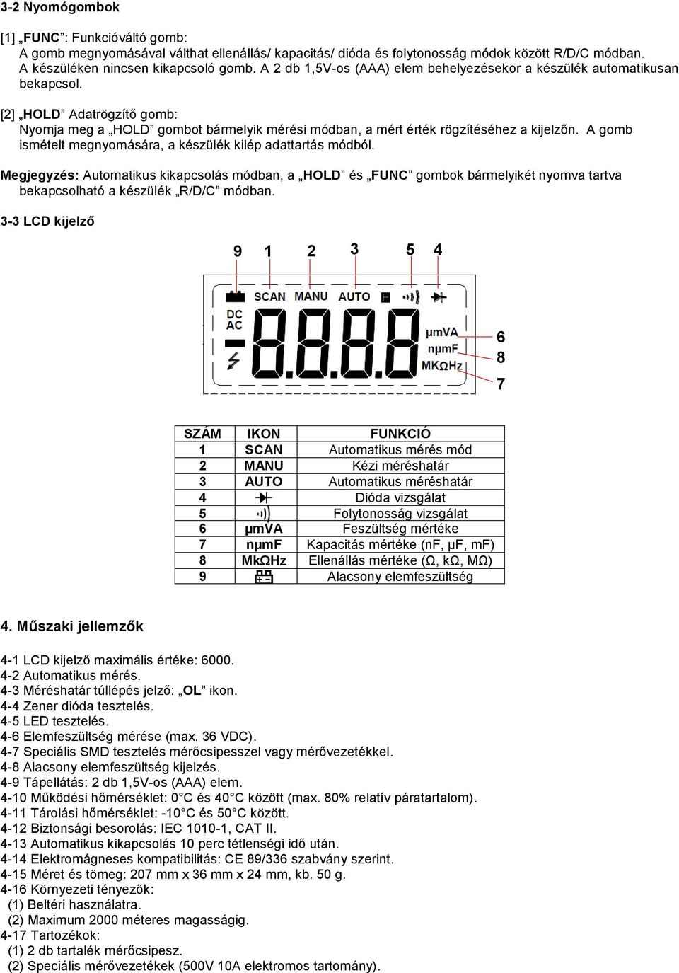 A gomb ismételt megnyomására, a készülék kilép adattartás módból. Megjegyzés: Automatikus kikapcsolás módban, a HOLD és FUNC gombok bármelyikét nyomva tartva bekapcsolható a készülék R/D/C módban.