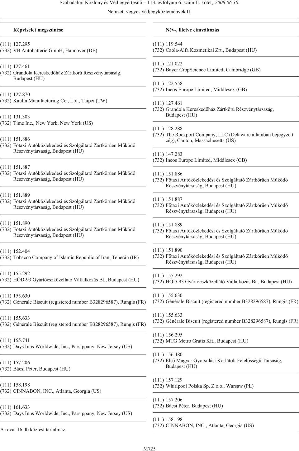 404 (732) Tobacco Company of Islamic Republic of Iran, Teherán (IR) (732) HÓD-93 Gyártóeszközellátó Vállalkozás Bt., (111) 155.741 (111) 157.206 (732) Bácsi Péter, (111) 161.