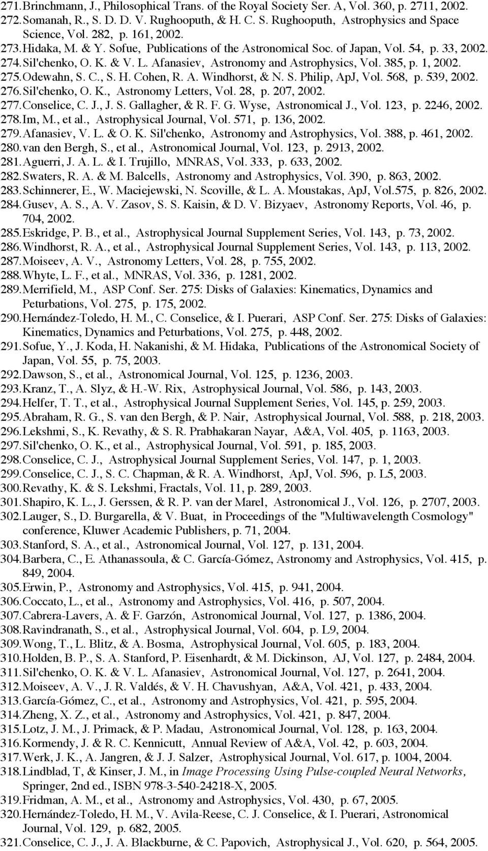 1, 2002. 275. Odewahn, S. C., S. H. Cohen, R. A. Windhorst, & N. S. Philip, ApJ, Vol. 568, p. 539, 2002. 276. Sil'chenko, O. K., Astronomy Letters, Vol. 28, p. 207, 2002. 277. Conselice, C. J., J. S. Gallagher, & R.