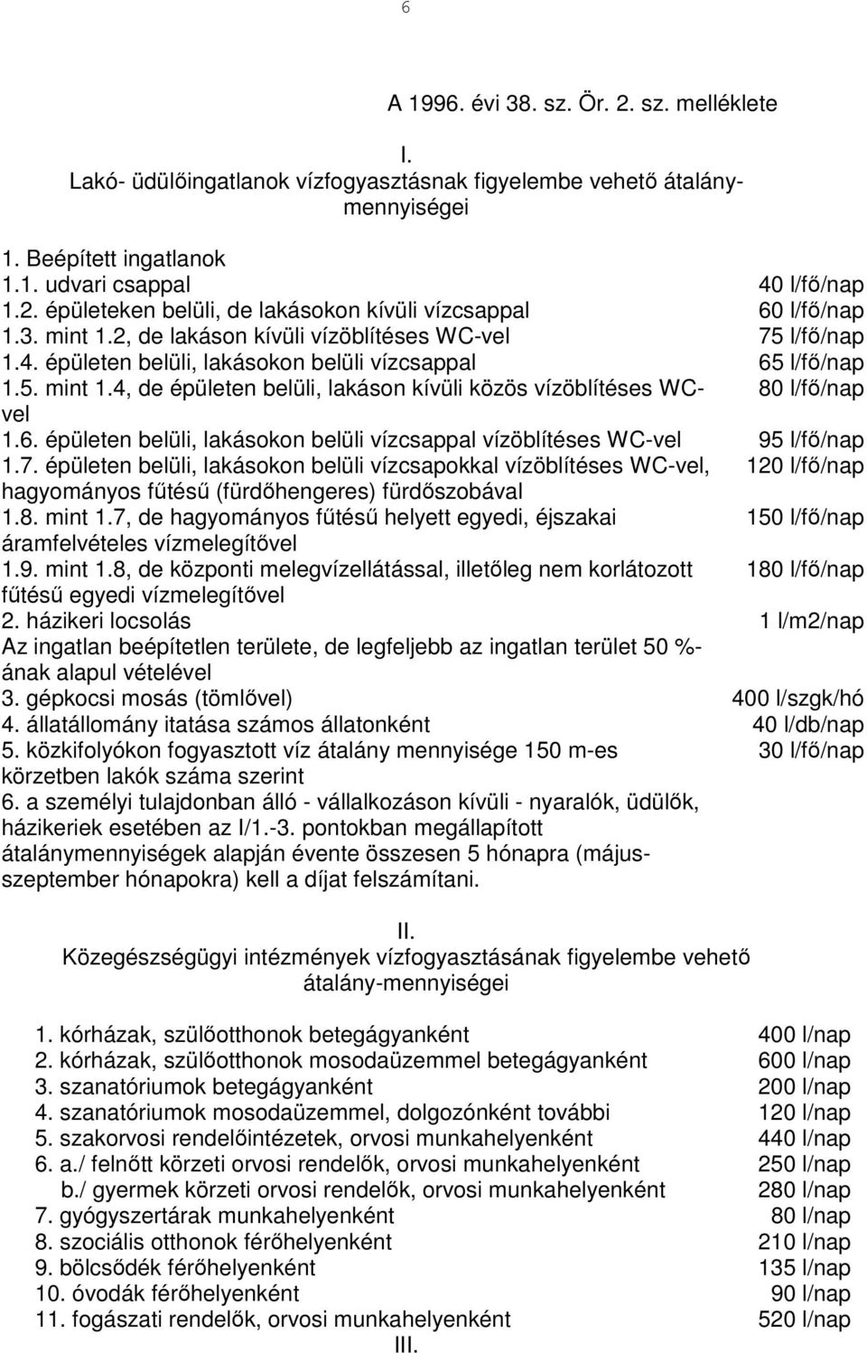 6. épületen belüli, lakásokon belüli vízcsappal vízöblítéses WC-vel 95 l/fő/nap 1.7.