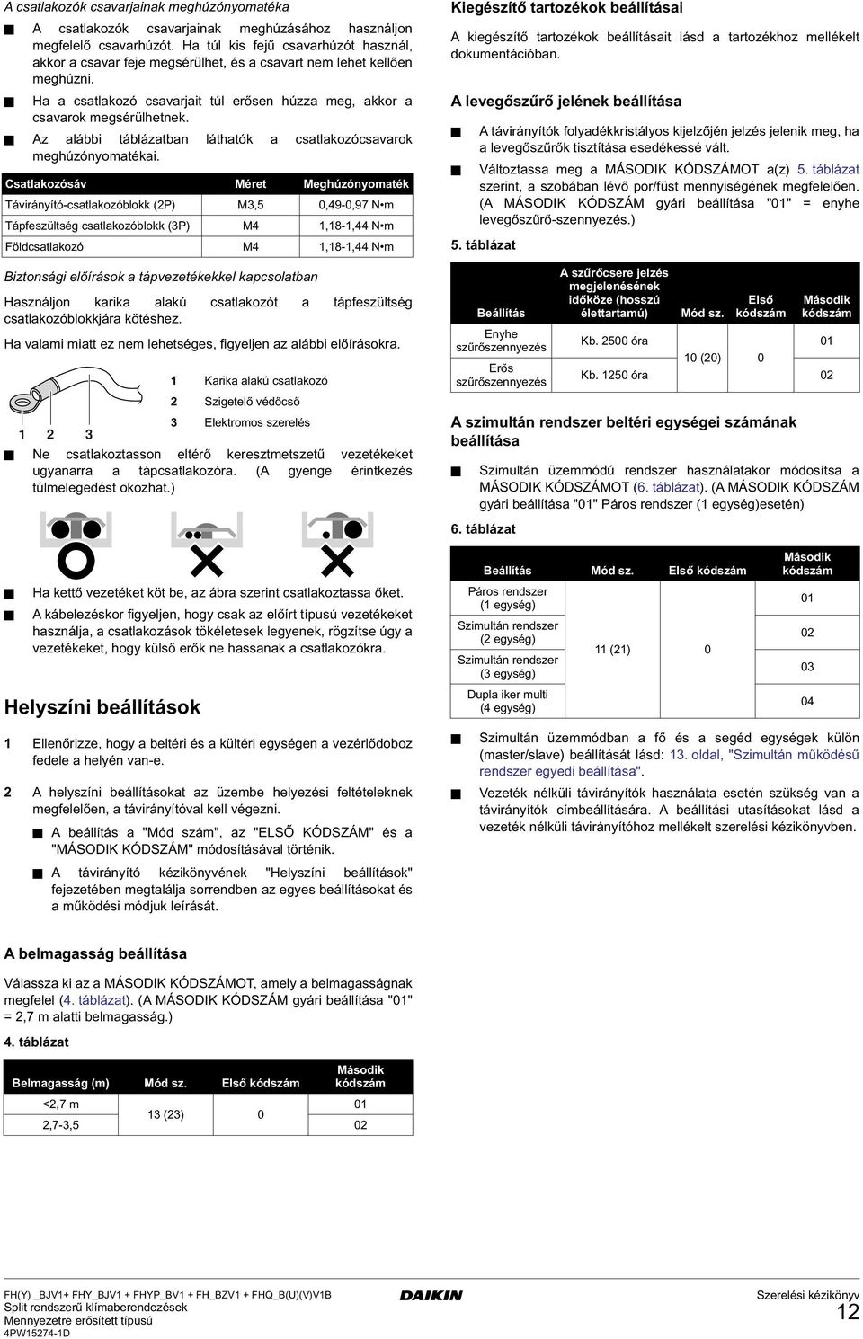 Az alábbi táblázatban láthatók a csatlakozócsavarok meghúzónyomatékai.